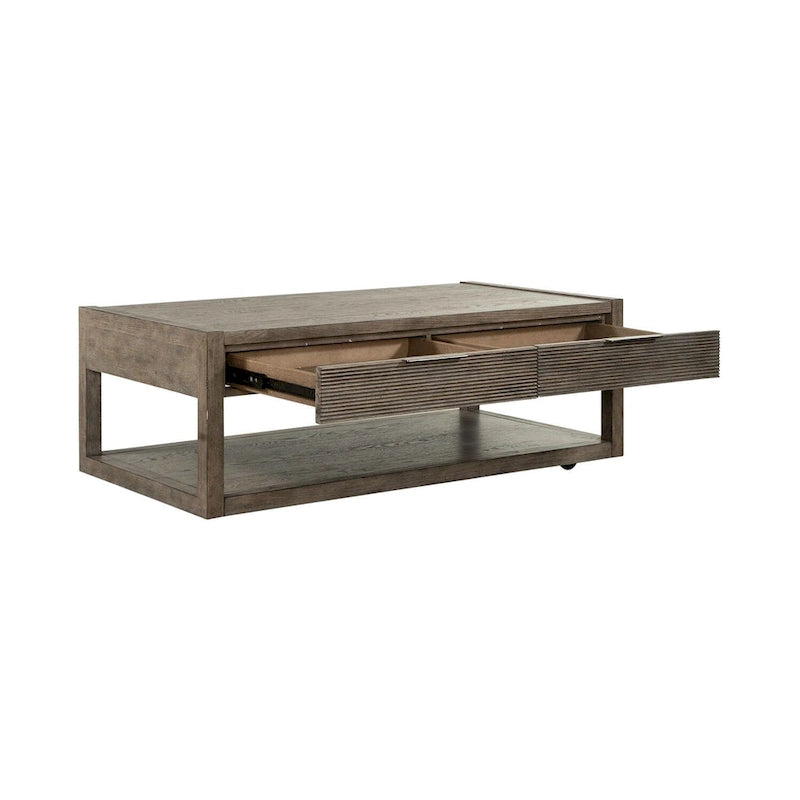 Table basse taupe poussiéreuse avec tiroirs et étagère inférieure