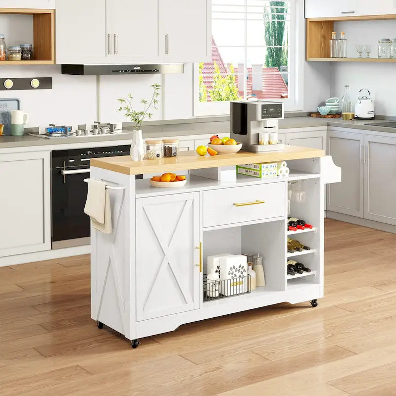 Moasis 47 Wide Rolling Kitchen Island with Wine Storage Cabinet Drawer Power Outlet