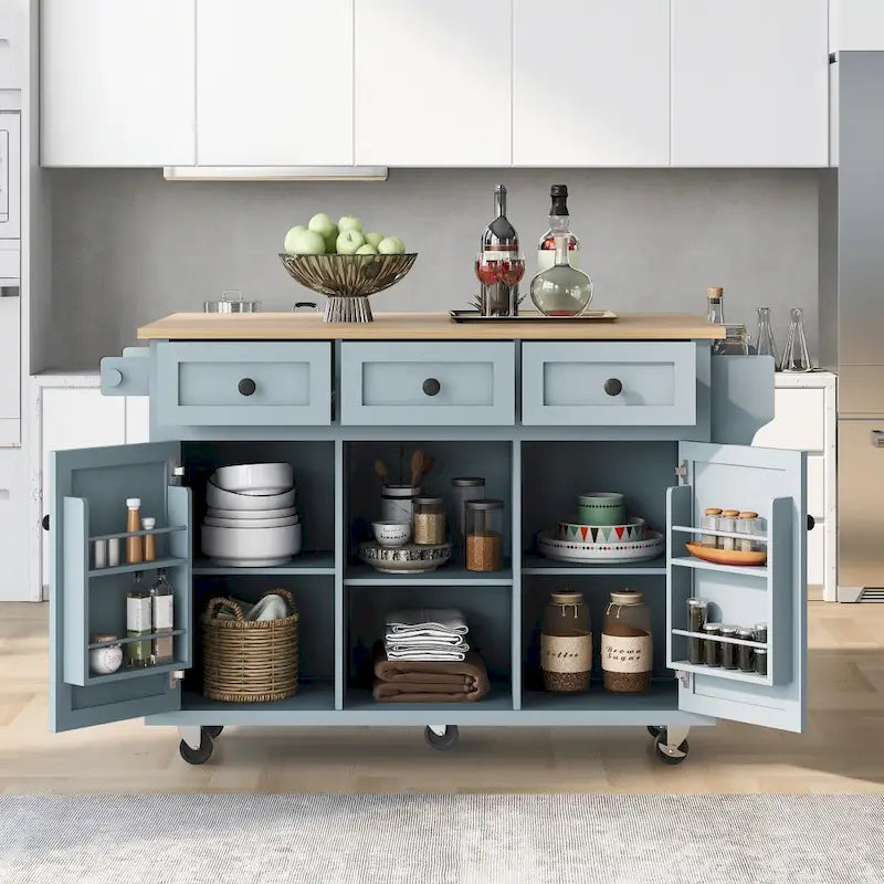 Desserte de cuisine roulante avec 3 tiroirs, meuble de rangement et plan de travail en bois, Gris bleu