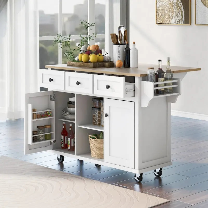 Desserte de cuisine roulante avec 3 tiroirs, meuble de rangement et plan de travail en bois, Gris bleu