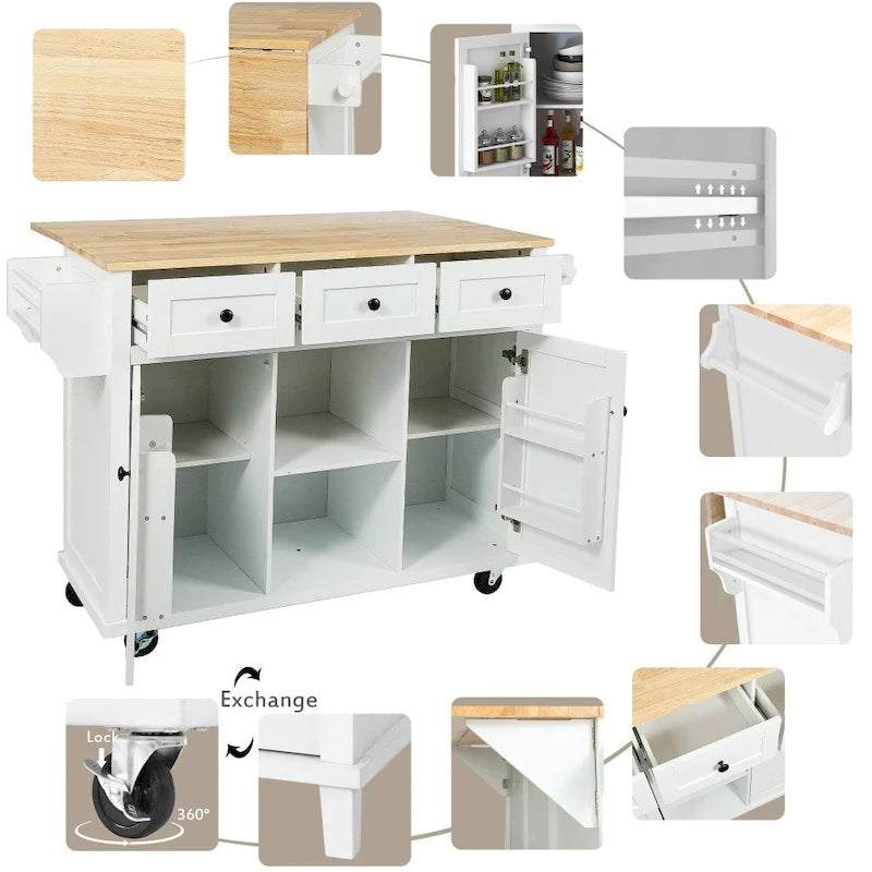 Desserte de cuisine roulante avec 3 tiroirs, meuble de rangement et plan de travail en bois, Gris bleu