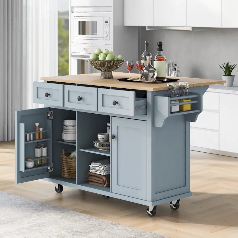 Desserte de cuisine roulante avec 3 tiroirs, meuble de rangement et plan de travail en bois, Gris bleu
