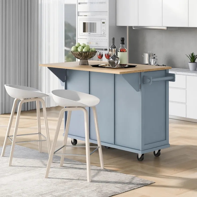 Desserte de cuisine roulante avec 3 tiroirs, meuble de rangement et plan de travail en bois, Gris bleu