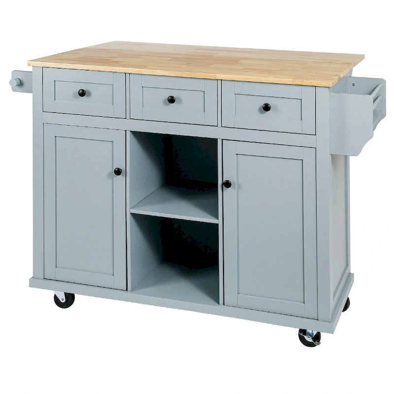 Desserte de cuisine roulante avec 3 tiroirs, meuble de rangement et plan de travail en bois, Gris bleu