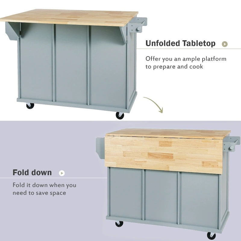 Desserte de cuisine roulante avec 3 tiroirs, meuble de rangement et plan de travail en bois, Gris bleu