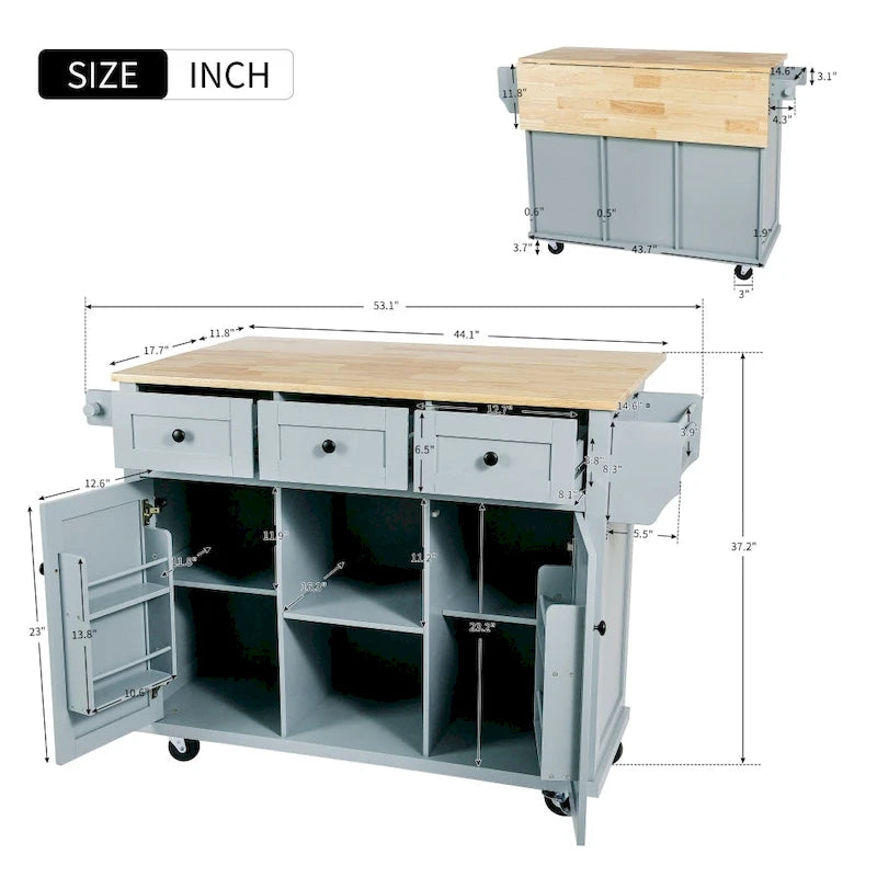 Desserte de cuisine roulante avec 3 tiroirs, meuble de rangement et plan de travail en bois, Gris bleu
