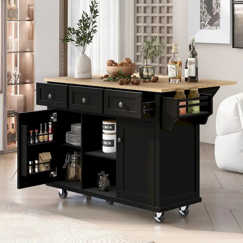 Desserte de cuisine roulante avec 3 tiroirs, meuble de rangement et plan de travail en bois, Gris bleu