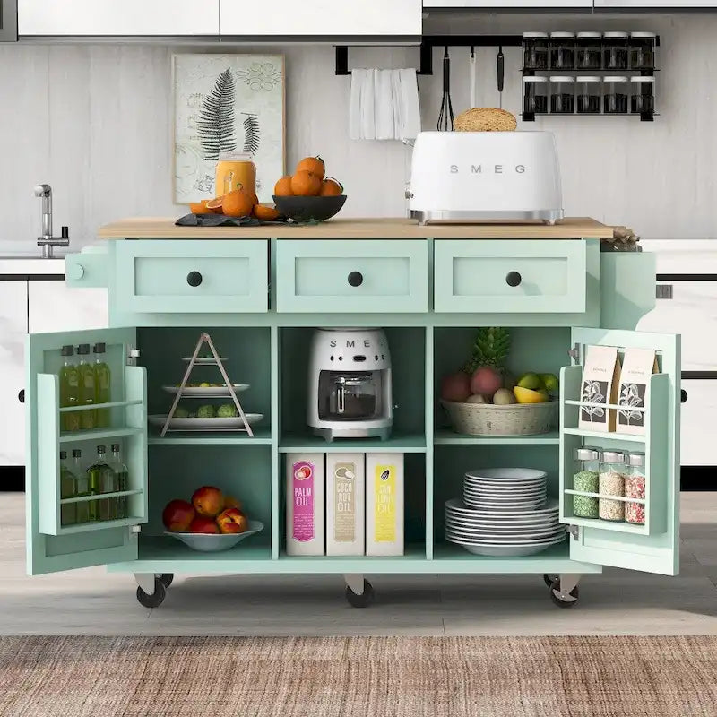 Desserte de cuisine roulante avec 3 tiroirs, meuble de rangement et plan de travail en bois, Gris bleu