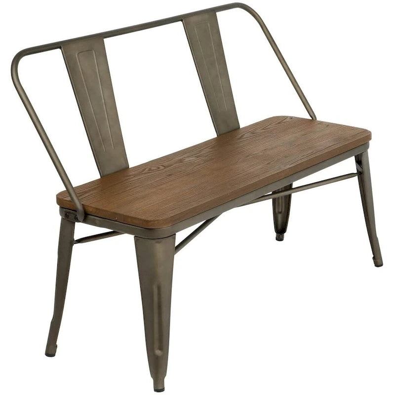 Banc industriel en métal avec assise et dossier en bois Cuivre marron rustique