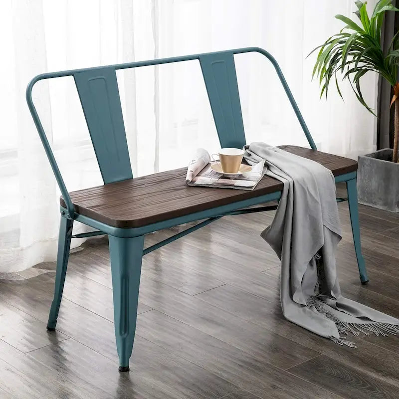 Banc industriel en métal avec assise et dossier en bois Cuivre marron rustique
