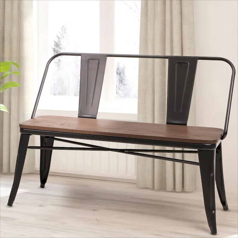 Banc industriel en métal avec assise et dossier en bois Cuivre marron rustique