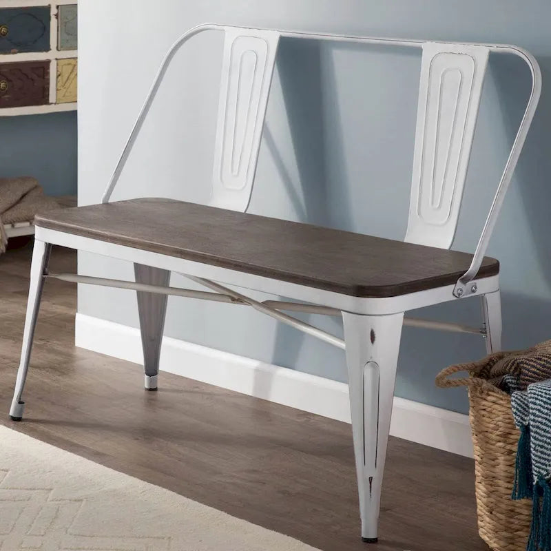 Banc industriel en métal avec assise et dossier en bois Cuivre marron rustique