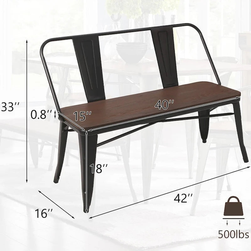 Banc industriel en métal avec assise et dossier en bois Cuivre marron rustique