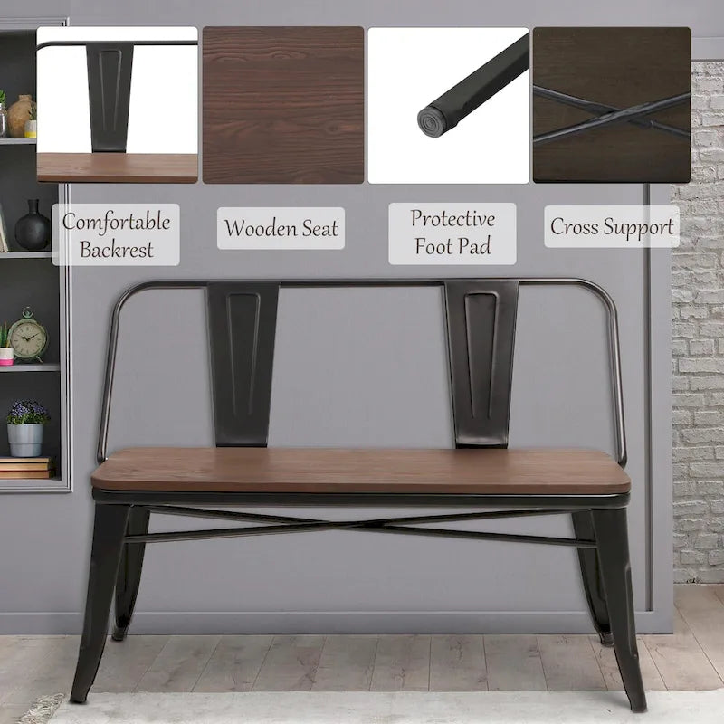 Banc industriel en métal avec assise et dossier en bois Cuivre marron rustique