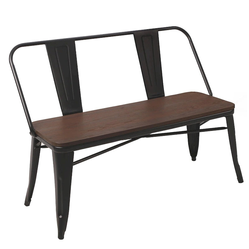Banc industriel en métal avec assise et dossier en bois Cuivre marron rustique