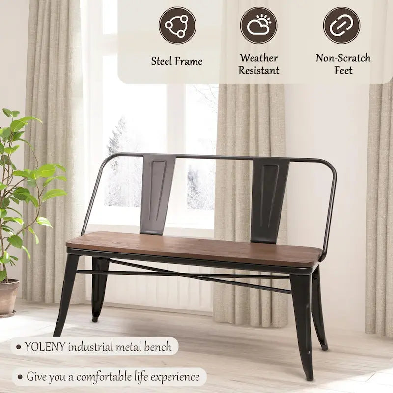 Banc industriel en métal avec assise et dossier en bois Cuivre marron rustique