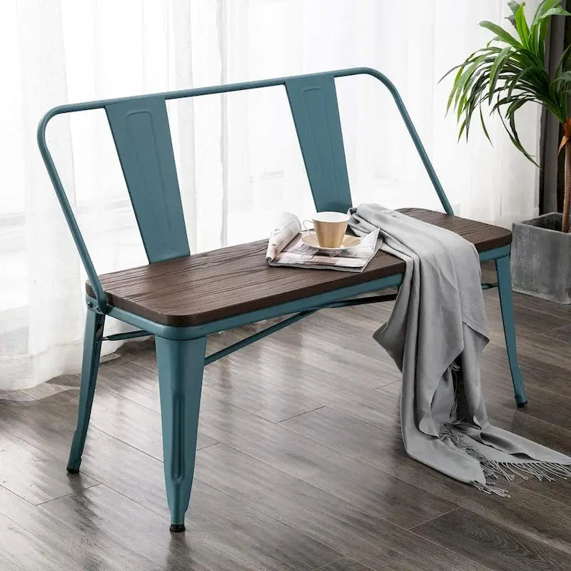 Banc industriel en métal avec assise et dossier en bois Cuivre marron rustique