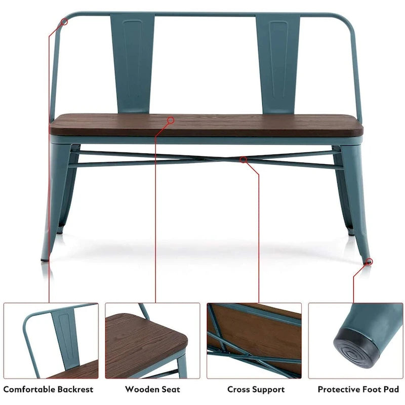 Banc industriel en métal avec assise et dossier en bois Cuivre marron rustique