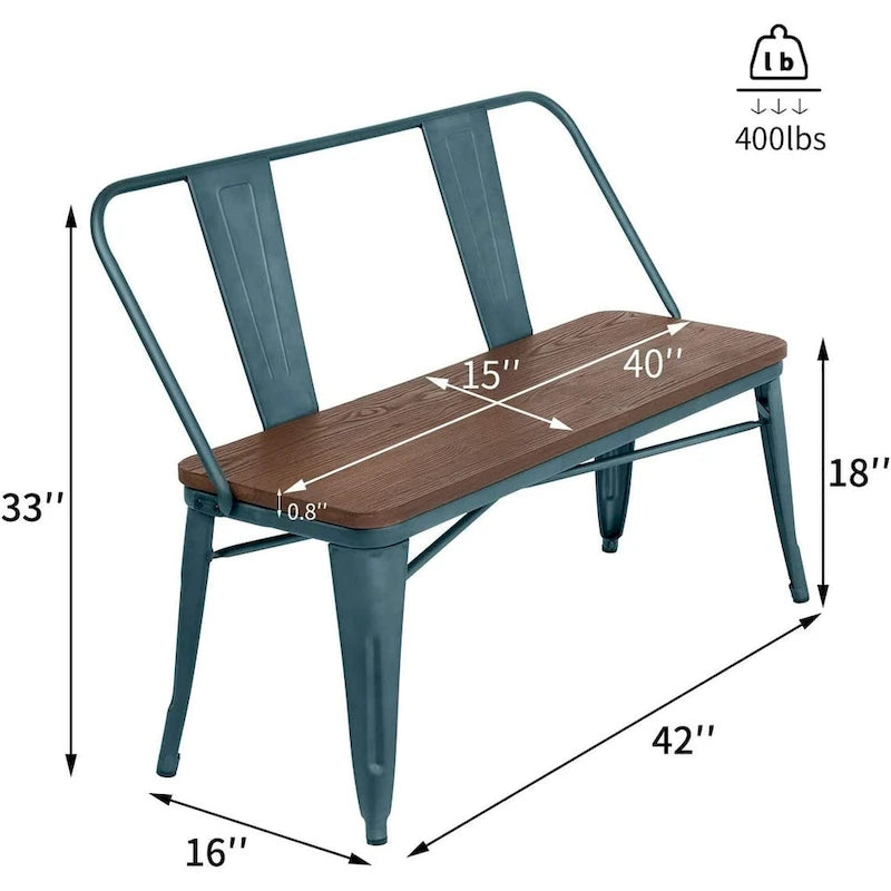Banc industriel en métal avec assise et dossier en bois Cuivre marron rustique