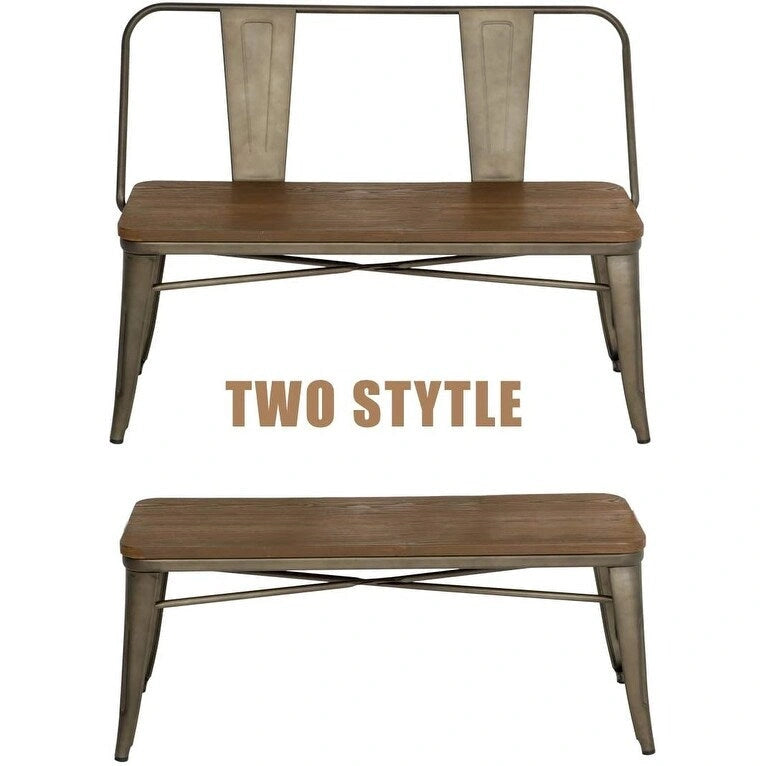 Banc industriel en métal avec assise et dossier en bois Cuivre marron rustique