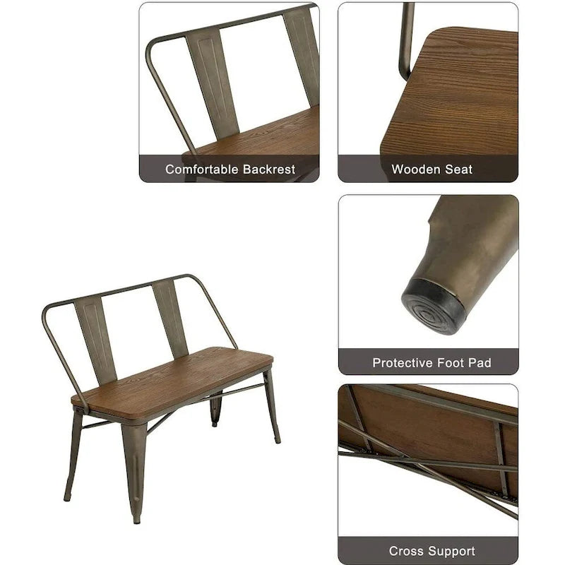 Banc industriel en métal avec assise et dossier en bois Cuivre marron rustique
