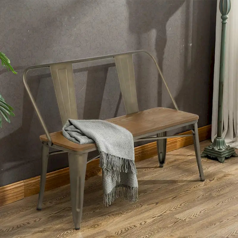 Banc industriel en métal avec assise et dossier en bois Cuivre marron rustique