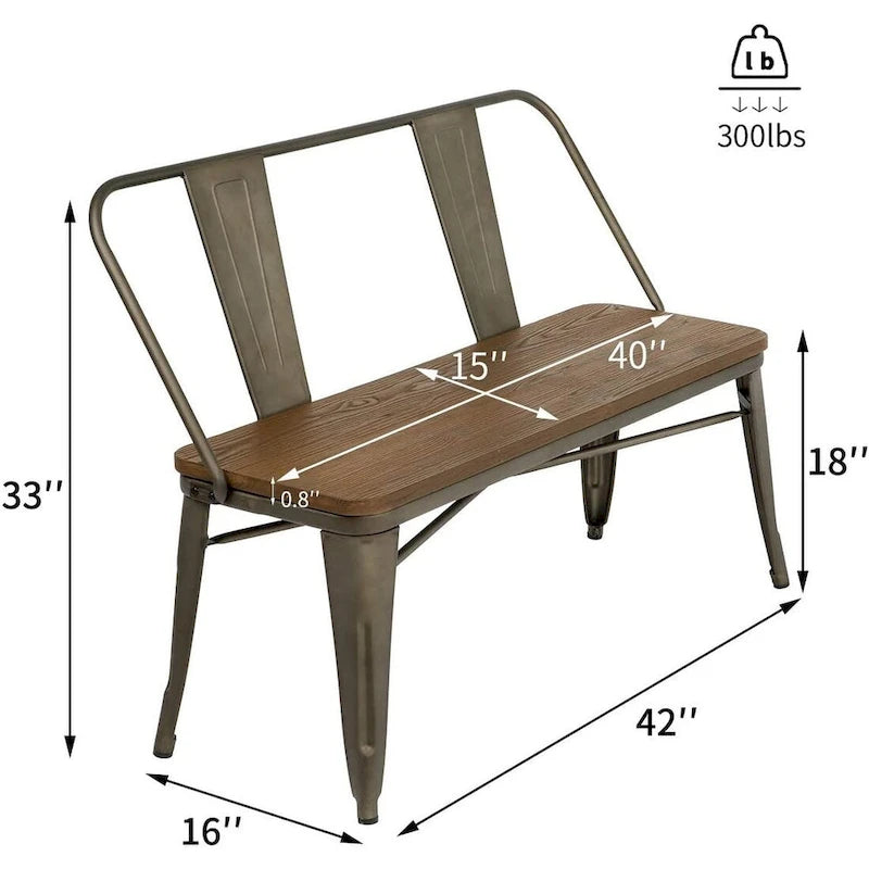 Banc industriel en métal avec assise et dossier en bois Cuivre marron rustique
