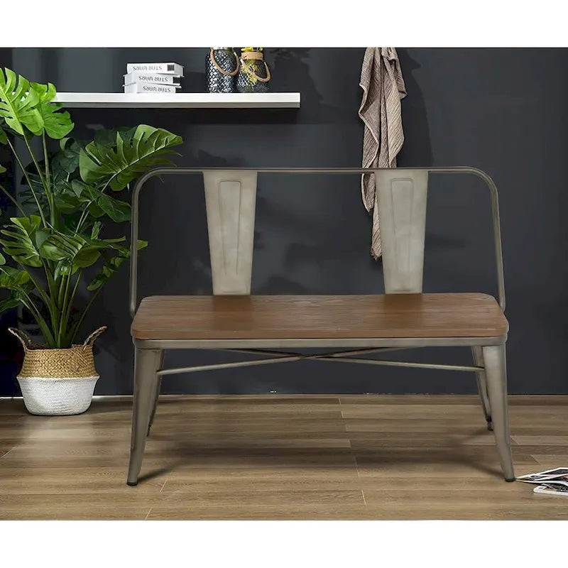 Banc industriel en métal avec assise et dossier en bois Cuivre marron rustique