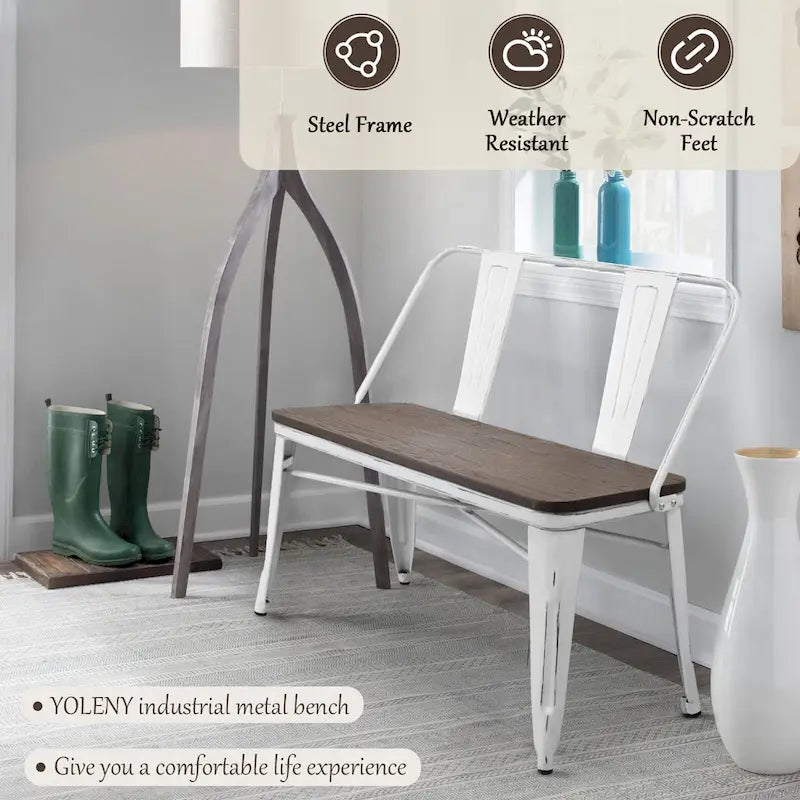 Banc industriel en métal avec assise et dossier en bois Cuivre marron rustique