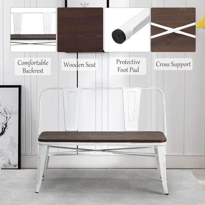 Banc industriel en métal avec assise et dossier en bois Cuivre marron rustique