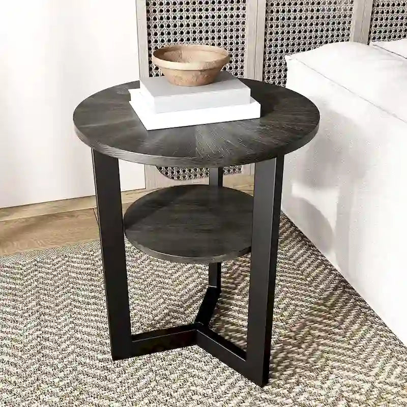 Table d'appoint ronde en métal à 2 niveaux avec étagère de rangement, noire