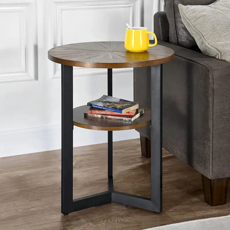 Table d'appoint ronde en métal à 2 niveaux avec étagère de rangement, noire