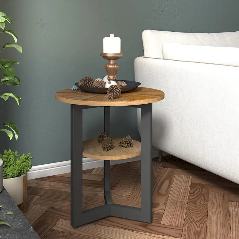 Table d'appoint ronde en métal à 2 niveaux avec étagère de rangement, noire