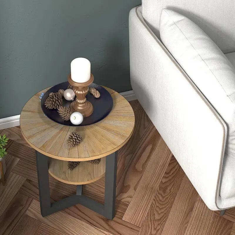 Table d'appoint ronde en métal à 2 niveaux avec étagère de rangement, noire