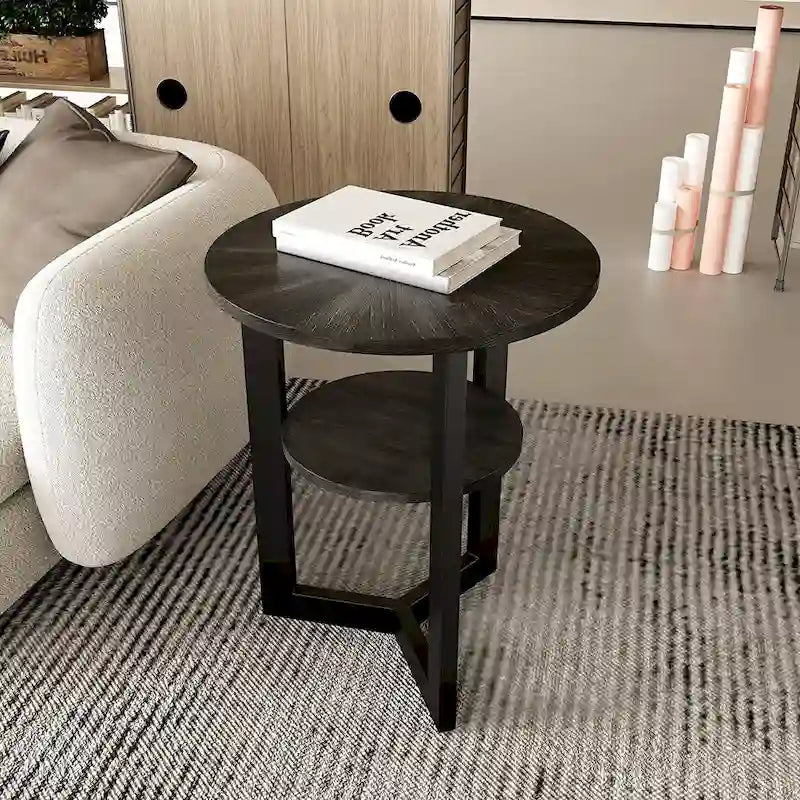 Table d'appoint ronde en métal à 2 niveaux avec étagère de rangement, noire