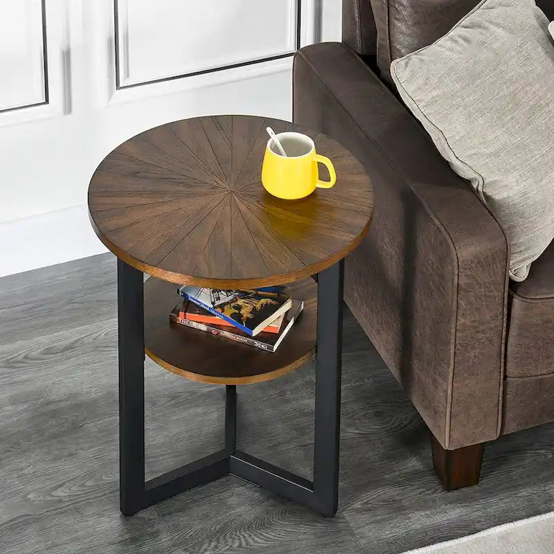 Table d'appoint ronde en métal à 2 niveaux avec étagère de rangement, noire