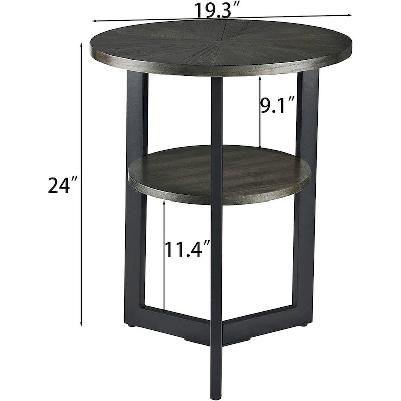 Table d'appoint ronde en métal à 2 niveaux avec étagère de rangement, noire