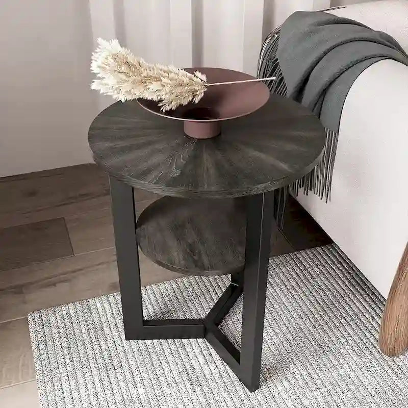 Table d'appoint ronde en métal à 2 niveaux avec étagère de rangement, noire