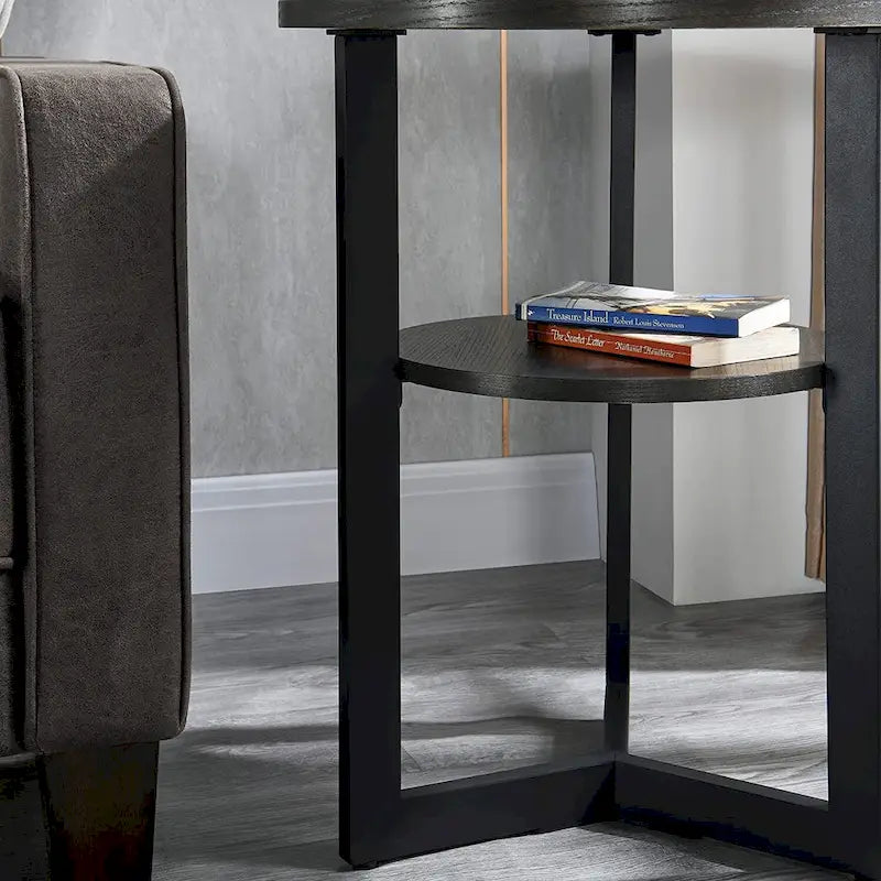 Table d'appoint ronde en métal à 2 niveaux avec étagère de rangement, noire