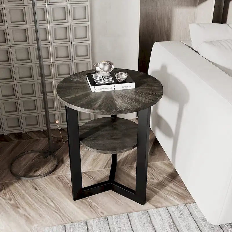Table d'appoint ronde en métal à 2 niveaux avec étagère de rangement, noire