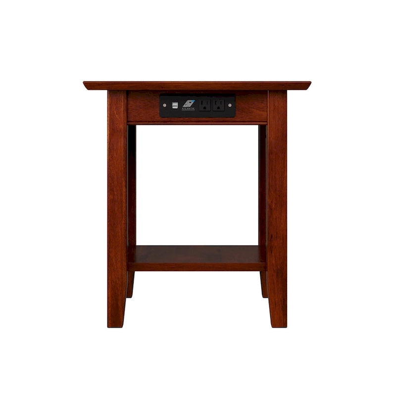 Table d'appoint rustique en bois massif avec station de recharge USB, finition noyer