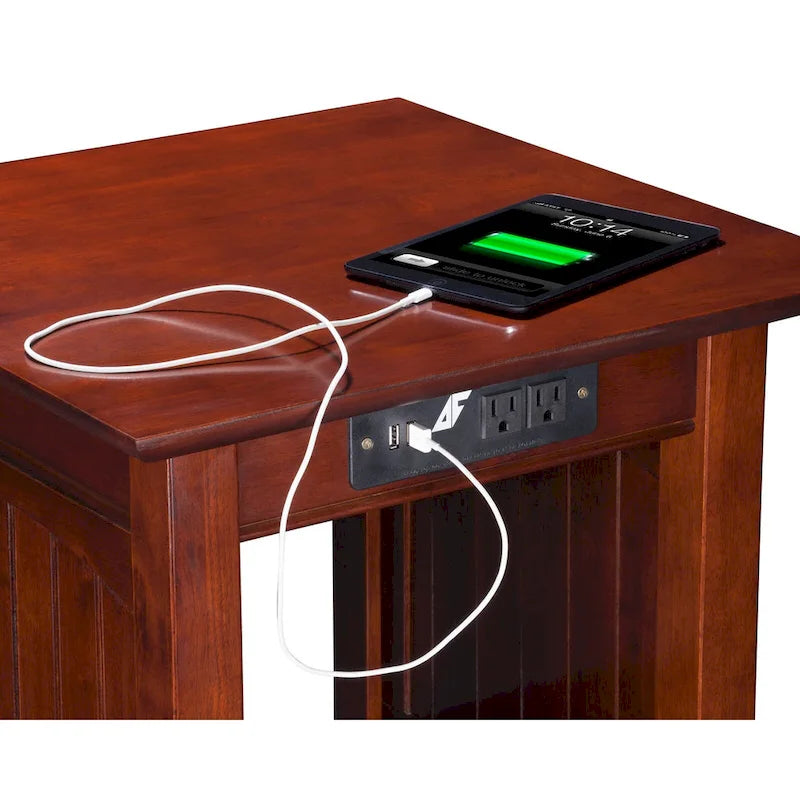 Table d'appoint rustique en bois massif avec station de recharge USB, finition noyer