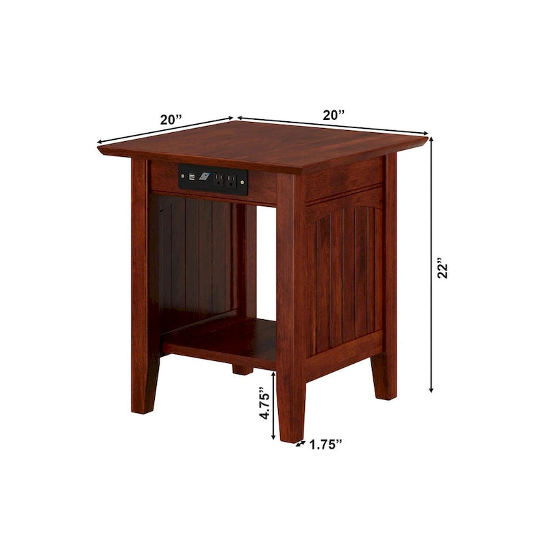 Table d'appoint rustique en bois massif avec station de recharge USB, finition noyer