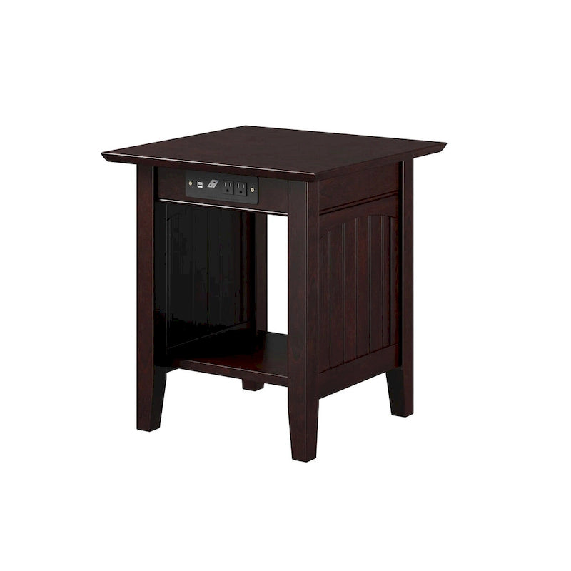 Table d'appoint rustique en bois massif avec station de recharge USB, finition noyer
