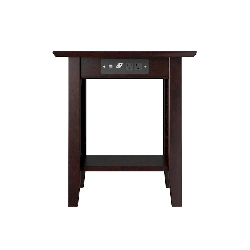 Table d'appoint rustique en bois massif avec station de recharge USB, finition noyer