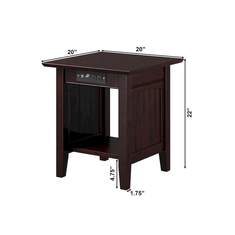 Table d'appoint rustique en bois massif avec station de recharge USB, finition noyer