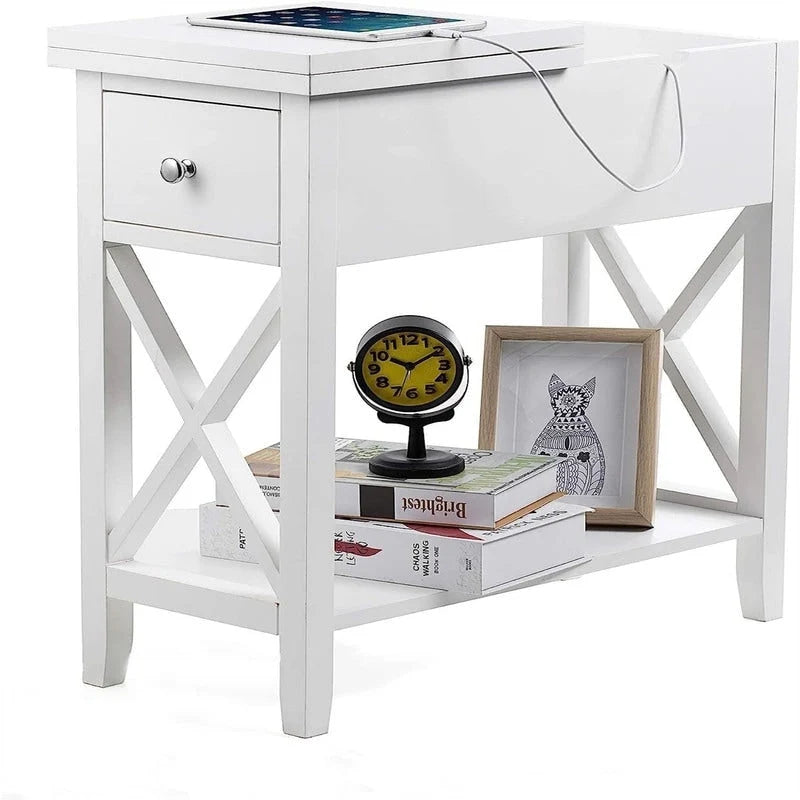 Table d'appoint à plateau relevable en X avec tiroir et étagère ouverte, blanc