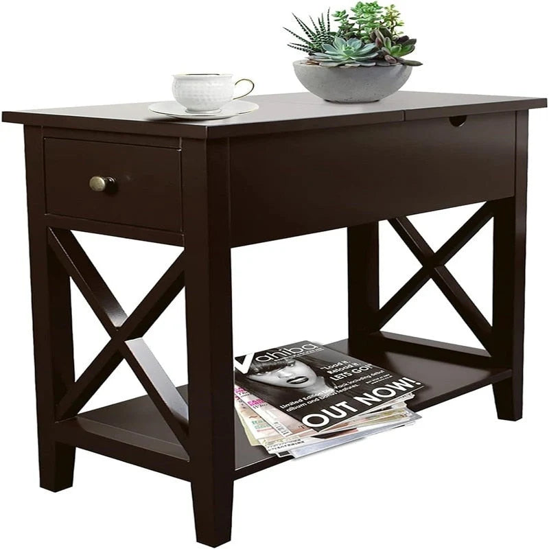 Table d'appoint à plateau relevable en X avec tiroir et étagère ouverte, blanc