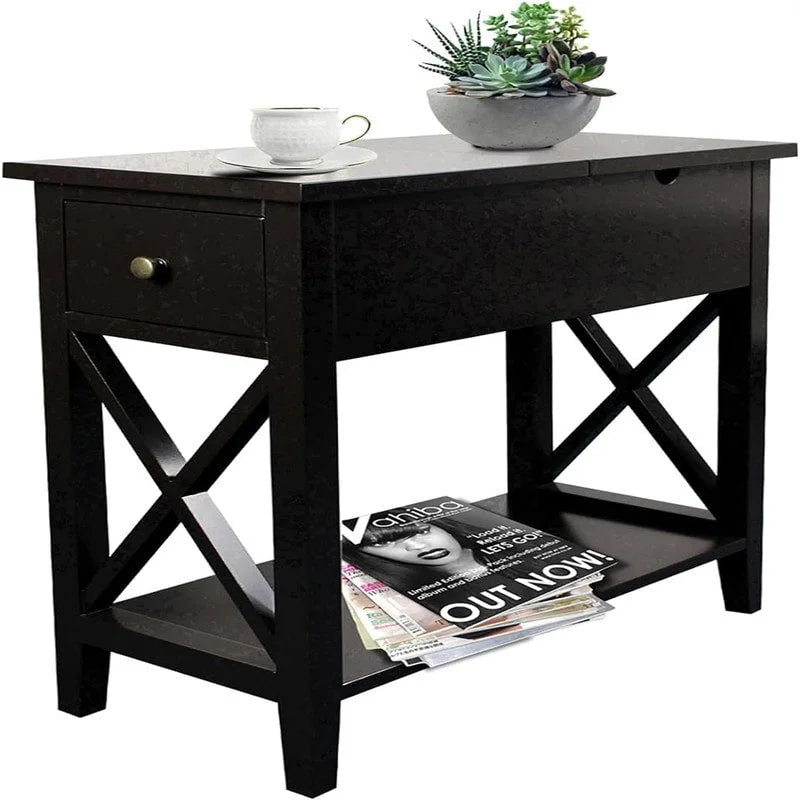 Table d'appoint à plateau relevable en X avec tiroir et étagère ouverte, blanc