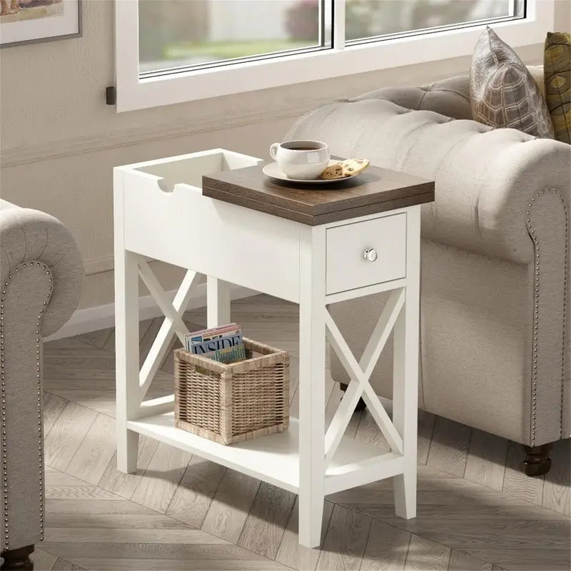 Table d'appoint à plateau relevable en X avec tiroir et étagère ouverte, blanc
